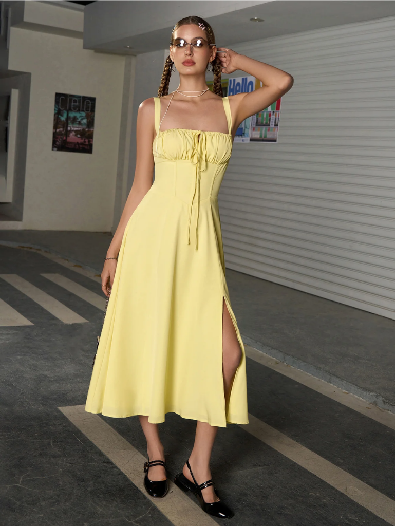 Ruched Bust Split Thigh Cami Dress