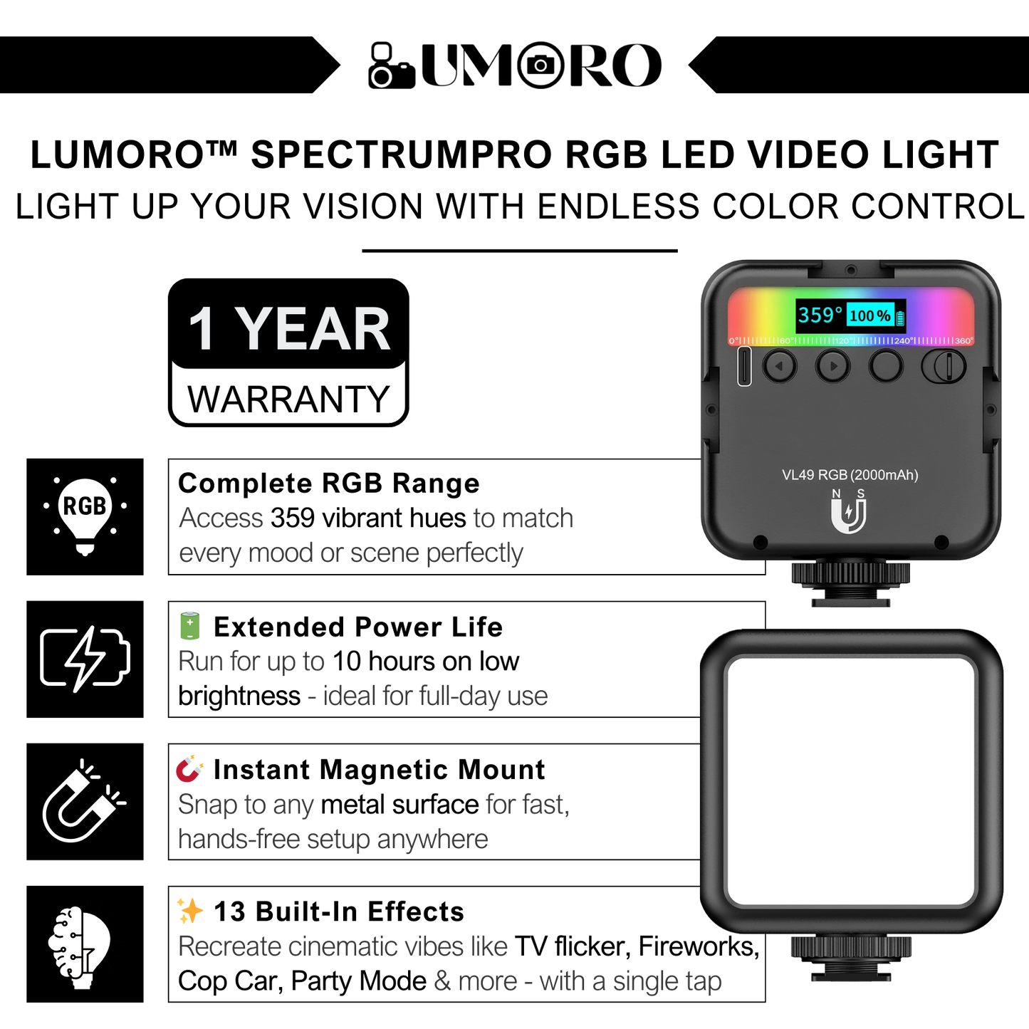 Lumoro™ SpectrumPro RGB LED Video Light