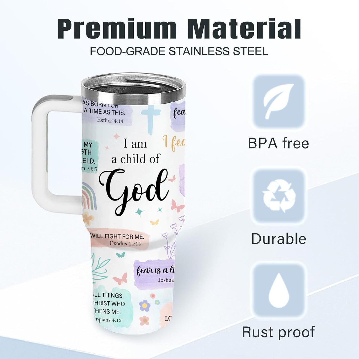 Christian Gifts for Women God Tumbler 40oz Blue Child of God Gifts Coffee Travel Cup - Inspirational Religious Birthday Catholic Spiritual Gift for Sister Friends, Baptism Confirmation Gift for Girls