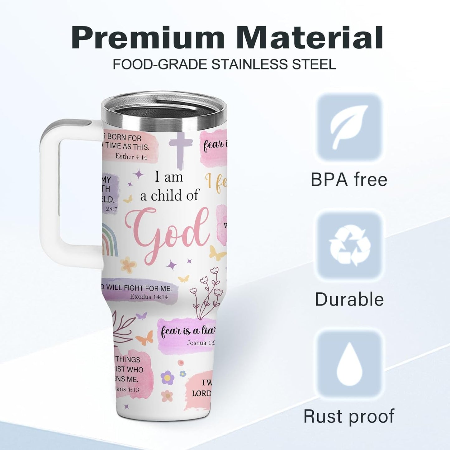 Christian Gifts for Women God Tumbler 40oz Blue Child of God Gifts Coffee Travel Cup - Inspirational Religious Birthday Catholic Spiritual Gift for Sister Friends, Baptism Confirmation Gift for Girls