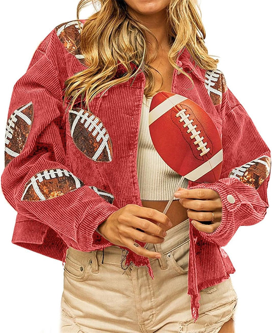 ZWRXW Womens Corduroy Cropped Jackets Vintage Distressed Football Rugby Sequined Gameday Patched Shacket Jacket Coats