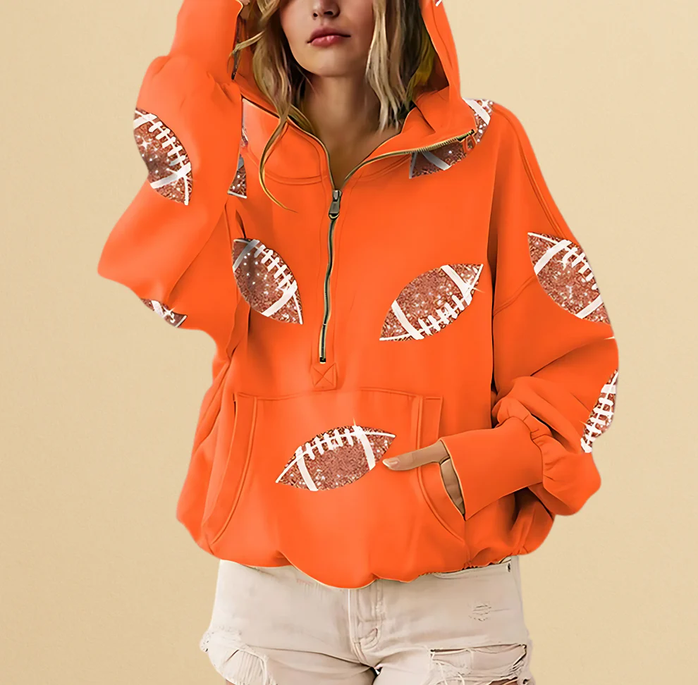 Football Sequin Zipper Hoodie