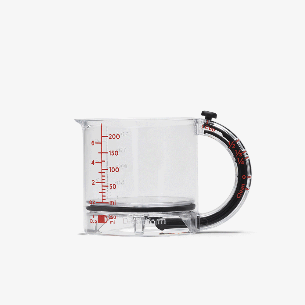 Upcup is a 4-in-1 adjustable measuring cup that scrapes itself clean for wet, dry, and sticky ingredients.