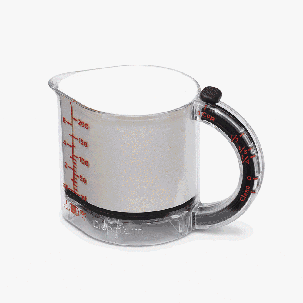 Upcup is a 4-in-1 adjustable measuring cup that scrapes itself clean for wet, dry, and sticky ingredients.